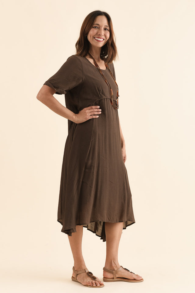Toria Chocolate Crescent Dress,Side,Brunette model,alt text|model:Cara image 3