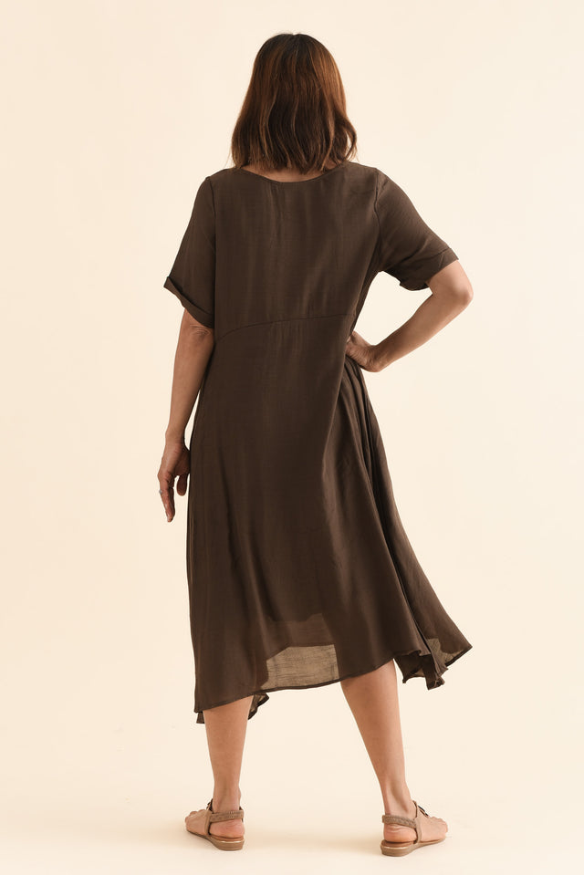 Toria Chocolate Crescent Dress,Back,Brunette model,alt text|model:Cara image 4