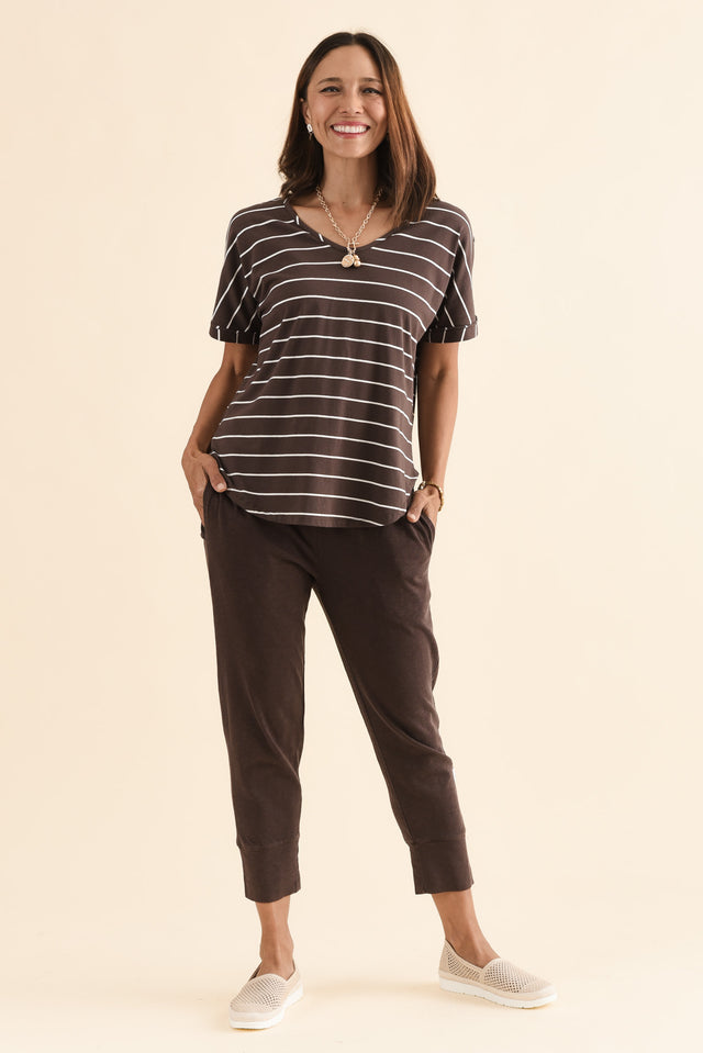 Toronto Dark Brown Stripe Cotton Tee,Full Body,Brunette model,alt text|model:Cara image 6
