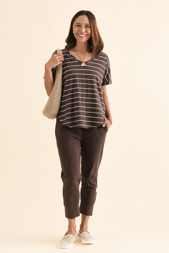 Toronto Dark Brown Stripe Cotton Tee,Full Body,Brunette model,alt text|model:Cara