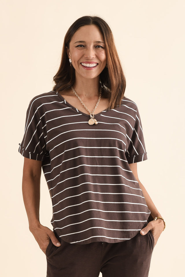 Toronto Dark Brown Stripe Cotton Tee,Front,Brunette model,alt text|model:Cara image 1