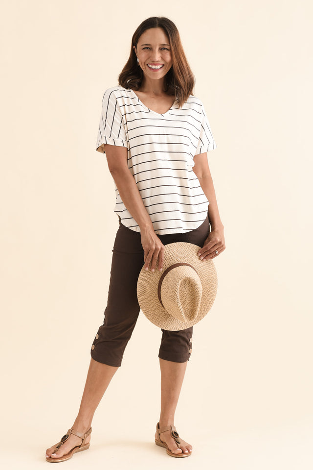 Toronto Cream Stripe Cotton Tee,Full Body,Brunette model,alt text|model:Cara