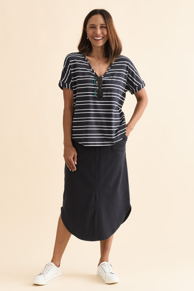 Toronto Navy Double Stripe Cotton Tee,Full Body,Brunette model,alt text|model:Cara image 2