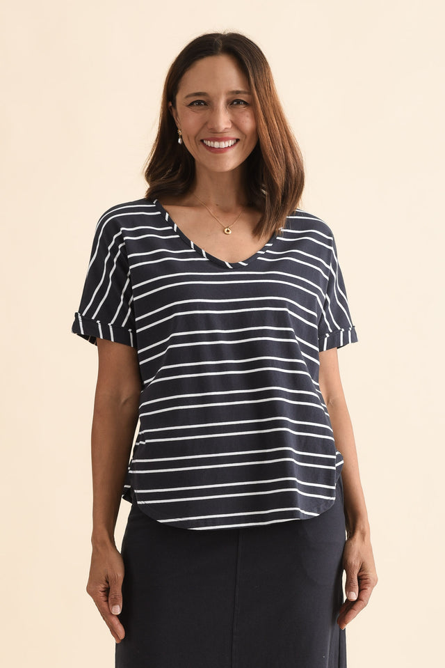 Toronto Navy Double Stripe Cotton Tee,Front,Brunette model,alt text|model:Cara image 1
