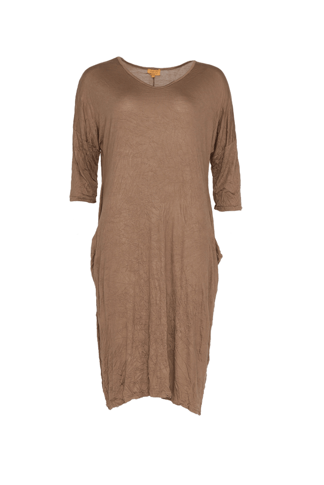 Travel Brown Crinkle Cotton Sleeved Dress