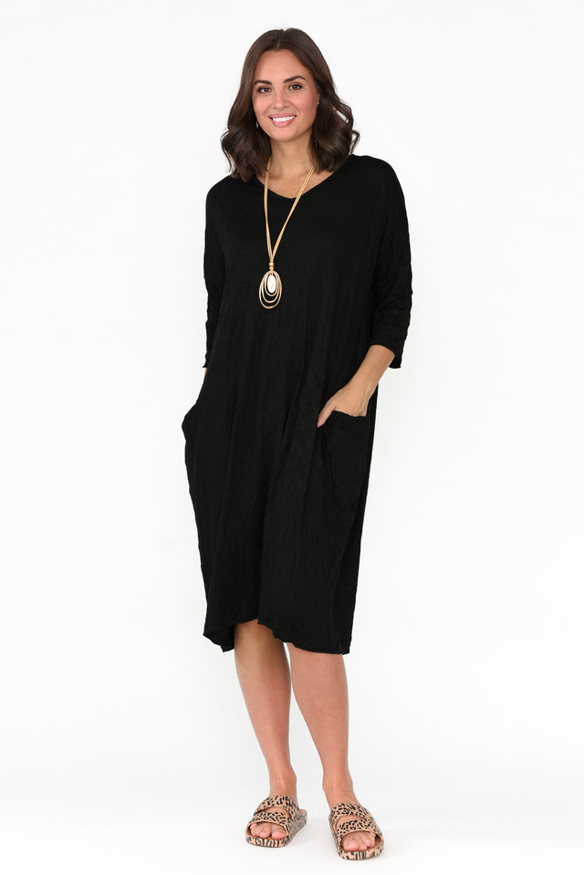 Tova Black Crinkle Cotton Sleeved Dress