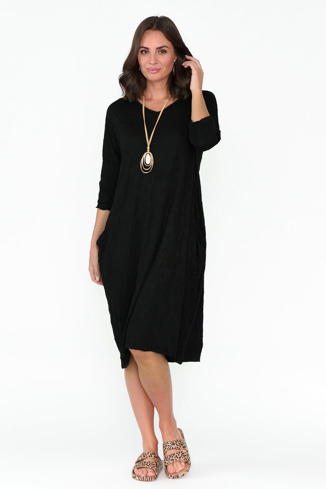 Tova Black Crinkle Cotton Sleeved Dress