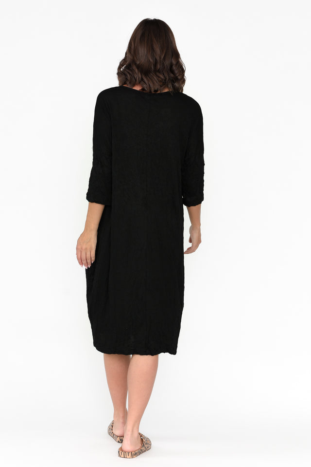 Tova Black Crinkle Cotton Sleeved Dress