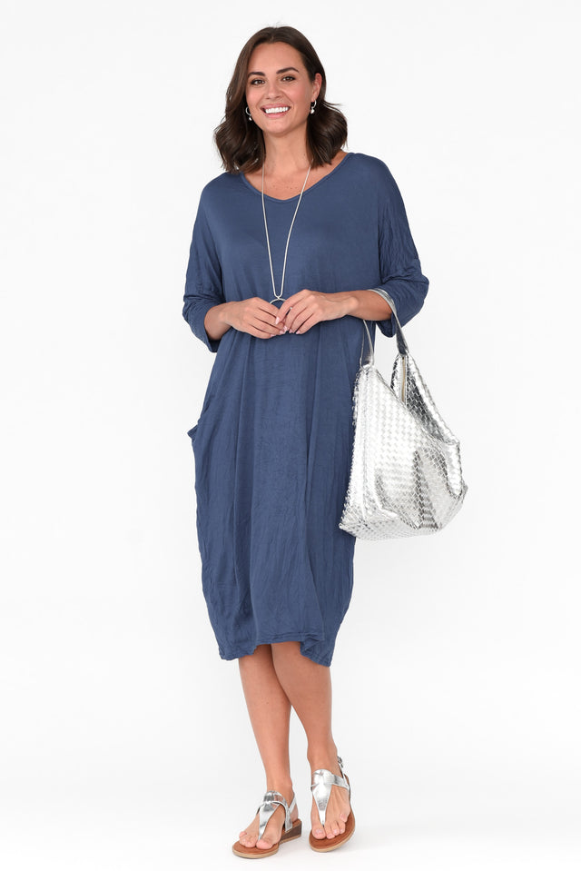 Tova Blue Crinkle Cotton Sleeved Dress