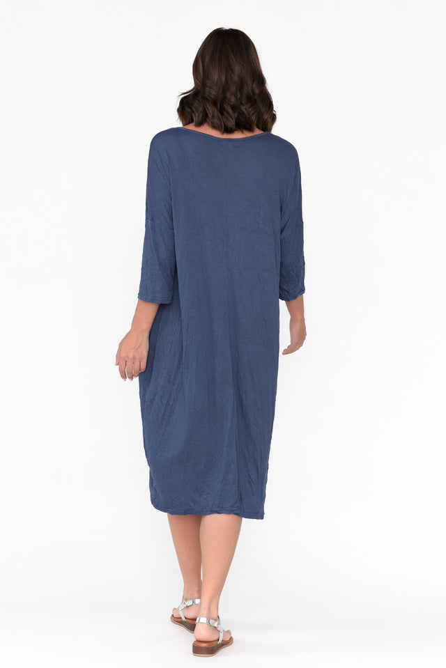 Tova Blue Crinkle Cotton Sleeved Dress