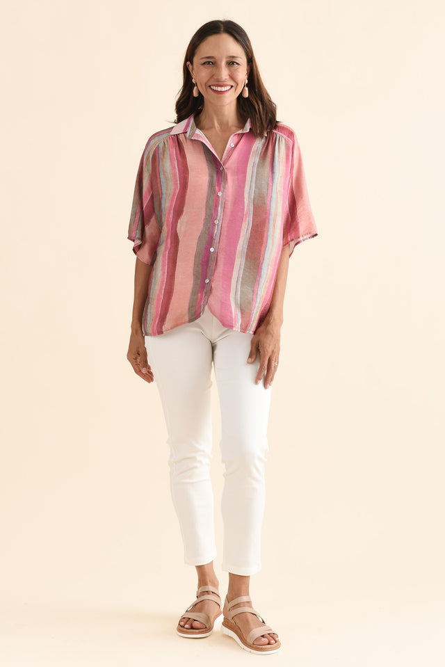 Toven Pink Stripe Button Shirt,Full Body,Brunette model,alt text|model:Cara image 2