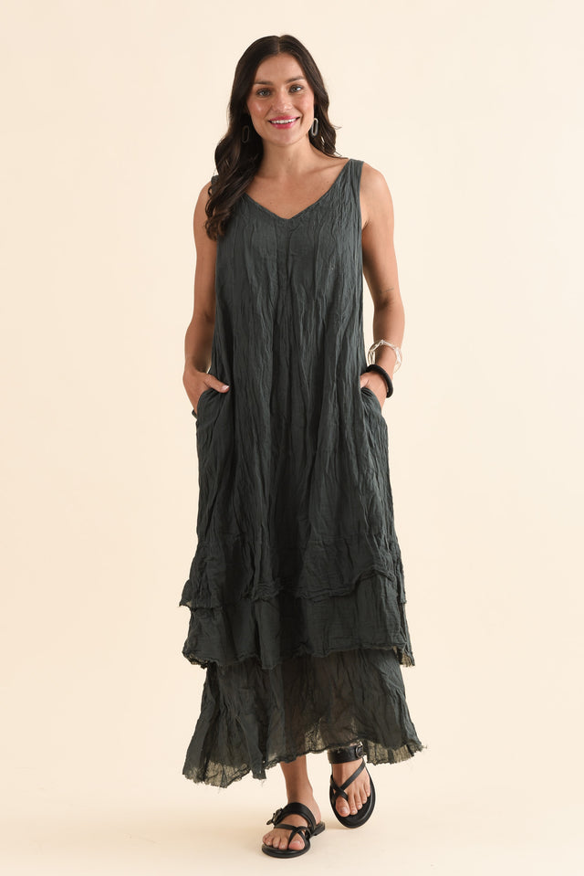Toya Charcoal Crinkle Cotton Layer Dress,Full Body,Brunette model,alt text|model:Brontie