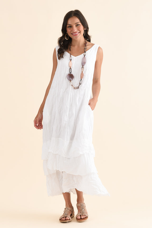 Toya White Crinkle Cotton Layer Dress,Front,Brunette model,alt text|model:Brontie image 1