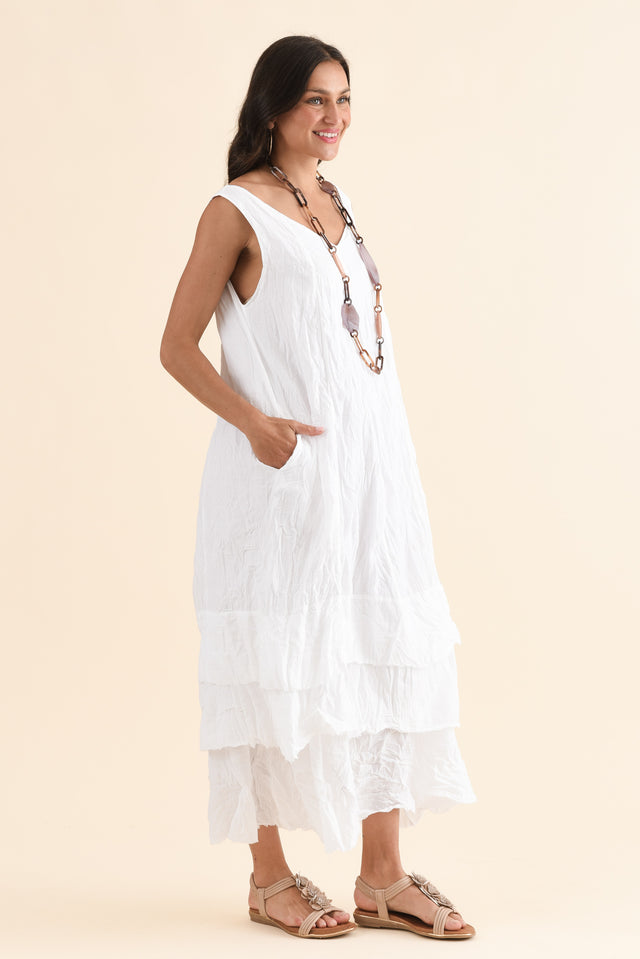 Toya White Crinkle Cotton Layer Dress,Side,Brunette model,alt text|model:Brontie image 3