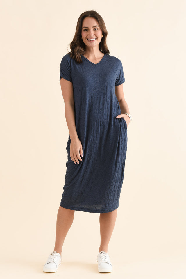 Travel No-Iron Blue Denim Maxi Dress,Full Body,Brunette model,alt text|model:MJ image 6