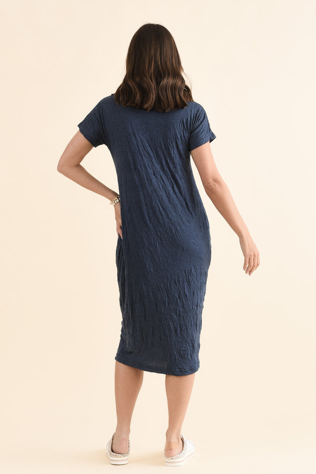 Travel No-Iron Blue Denim Maxi Dress,Back,Brunette model,alt text|model:MJ image 4