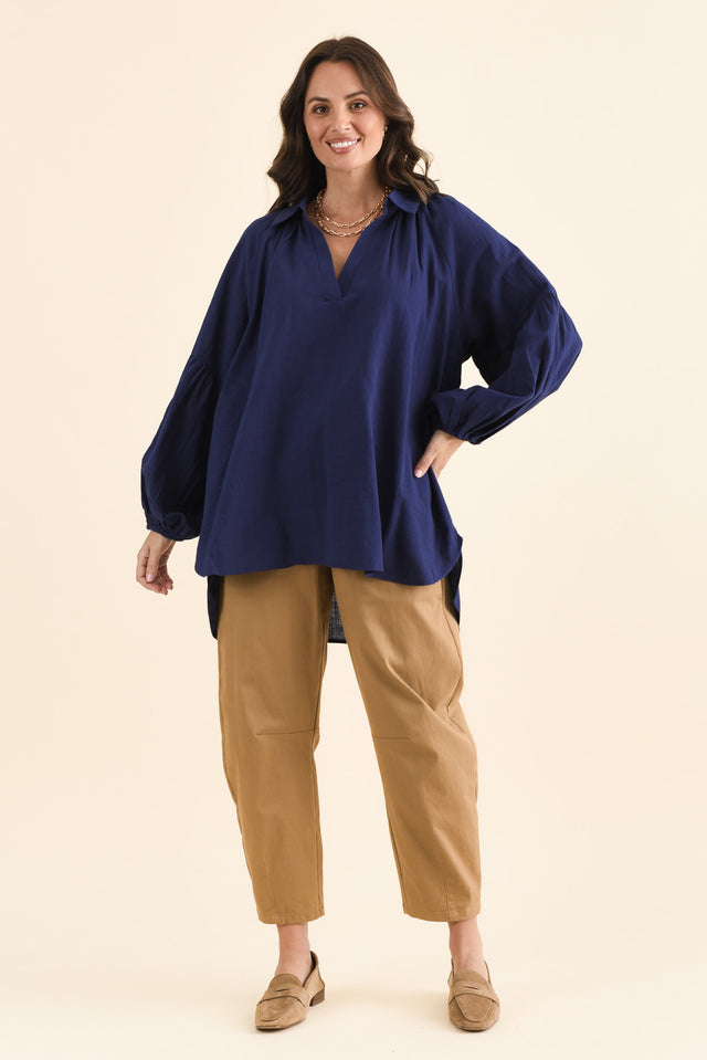 Tribeca Navy Cotton Collared Tunic,brunette model,Full Outfit,alt text|model:MJ image 2
