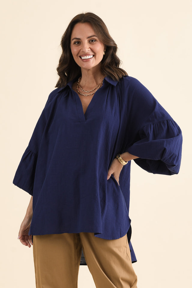 Tribeca Navy Cotton Collared Tunic,brunette model,Front of Outfit,alt text|model:MJ image 1
