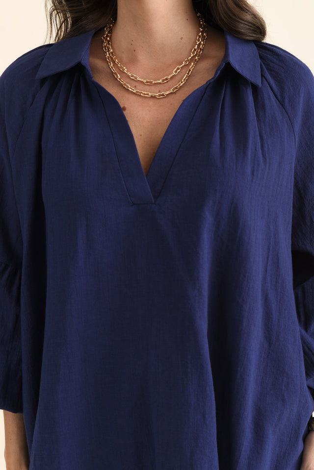 Tribeca Navy Cotton Collared Tunic,brunette model,Close up of outfit,alt text|model:MJ image 5