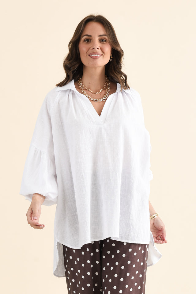 Tribeca White Cotton Collared Tunic,brunette model,Front of Outfit,alt text|model:MJ image 1
