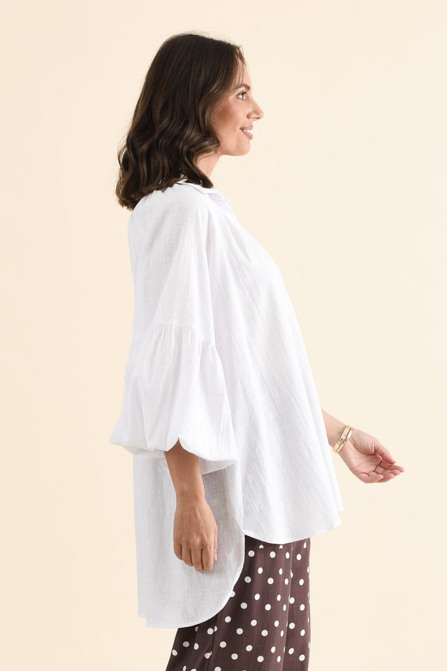 Tribeca White Cotton Collared Tunic,brunette model,Side of Outfit,alt text|model:MJ image 3