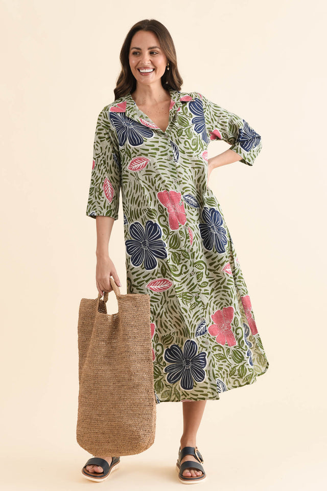Tricia Blue Flower Cotton Shirt Dress,Front,Brunette model,alt text|model:MJ