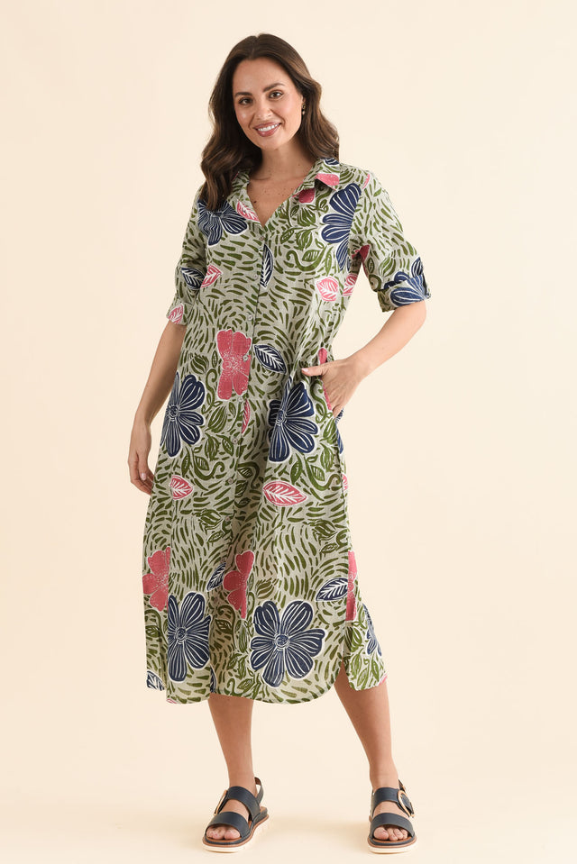 Tricia Blue Flower Cotton Shirt Dress,Full Body,Brunette model,alt text|model:MJ image 2
