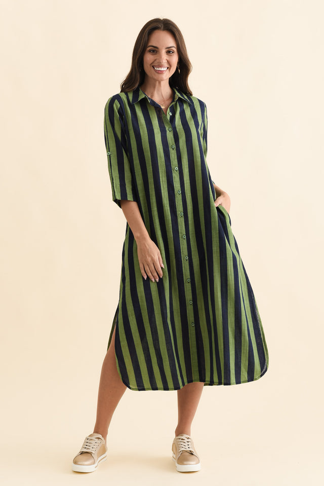 Tricia Indigo Stripe Cotton Shirt Dress,Brunette model,alt text|model:MJ image 3