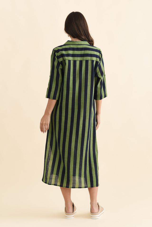 Tricia Indigo Stripe Cotton Shirt Dress,Brunette model,alt text|model:MJ image 5