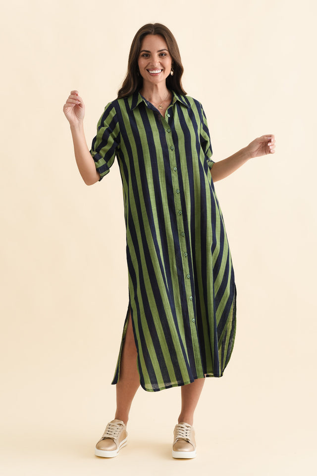 Tricia Indigo Stripe Cotton Shirt Dress,Brunette model,alt text|model:MJ image 7