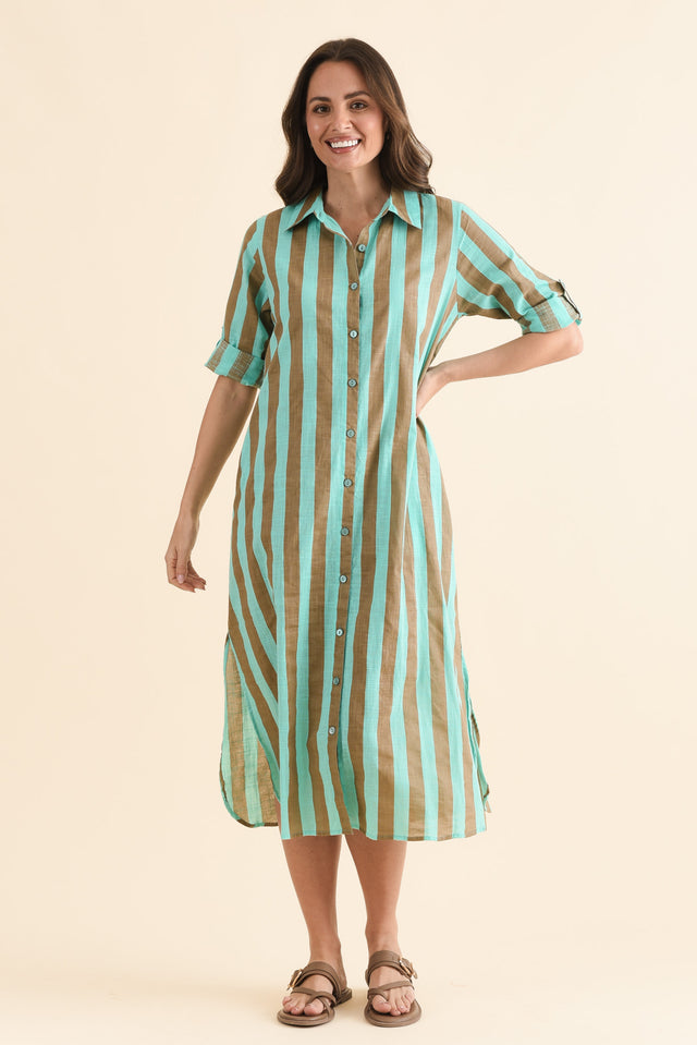 Tricia Brown Stripe Cotton Shirt Dress,Front,Brunette model,alt text|model:MJ image 1