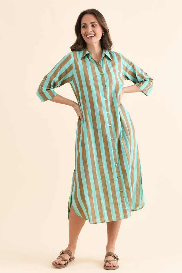 Tricia Brown Stripe Cotton Shirt Dress,Full Body,Brunette model,alt text|model:MJ