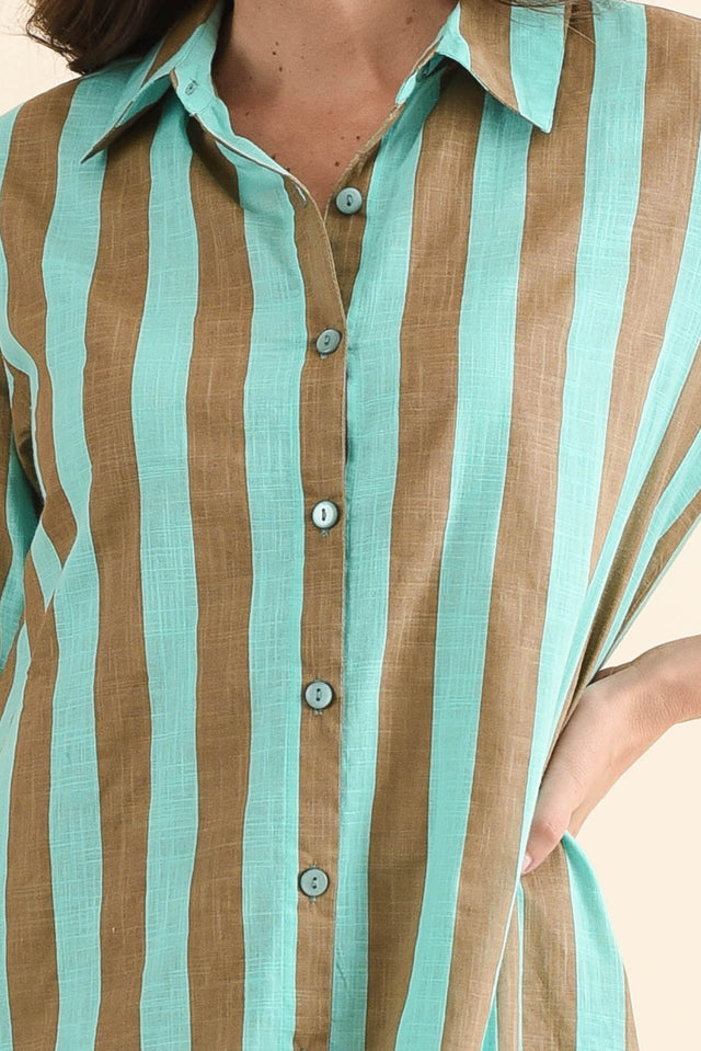 Tricia Brown Stripe Cotton Shirt Dress,Detail,Brunette model,alt text|model:MJ image 5