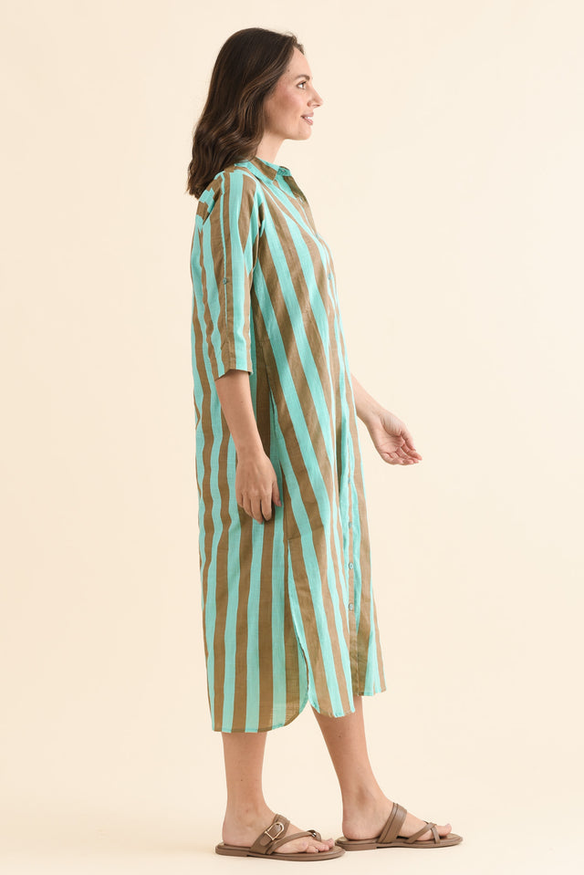 Tricia Brown Stripe Cotton Shirt Dress,Side,Brunette model,alt text|model:MJ image 3