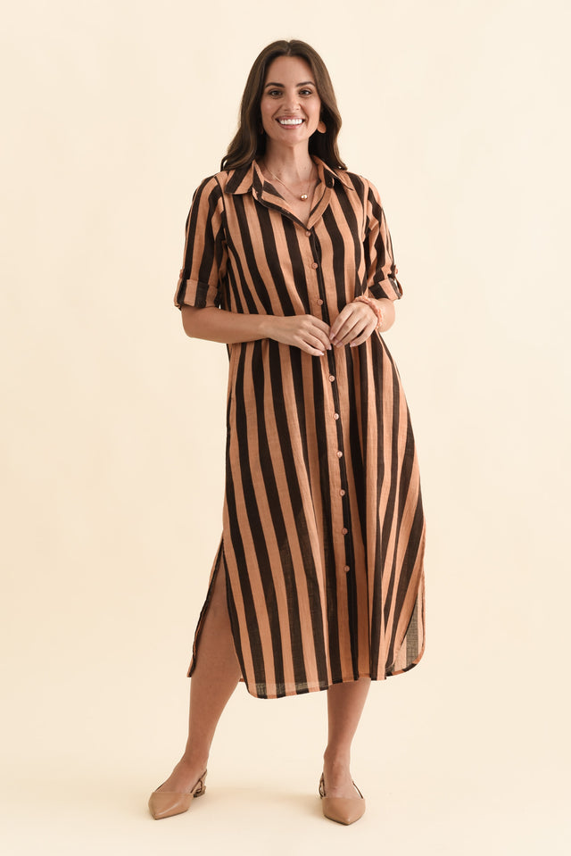 Tricia Chocolate Stripe Cotton Shirt Dress,Brunette model,alt text|model:MJ image 8
