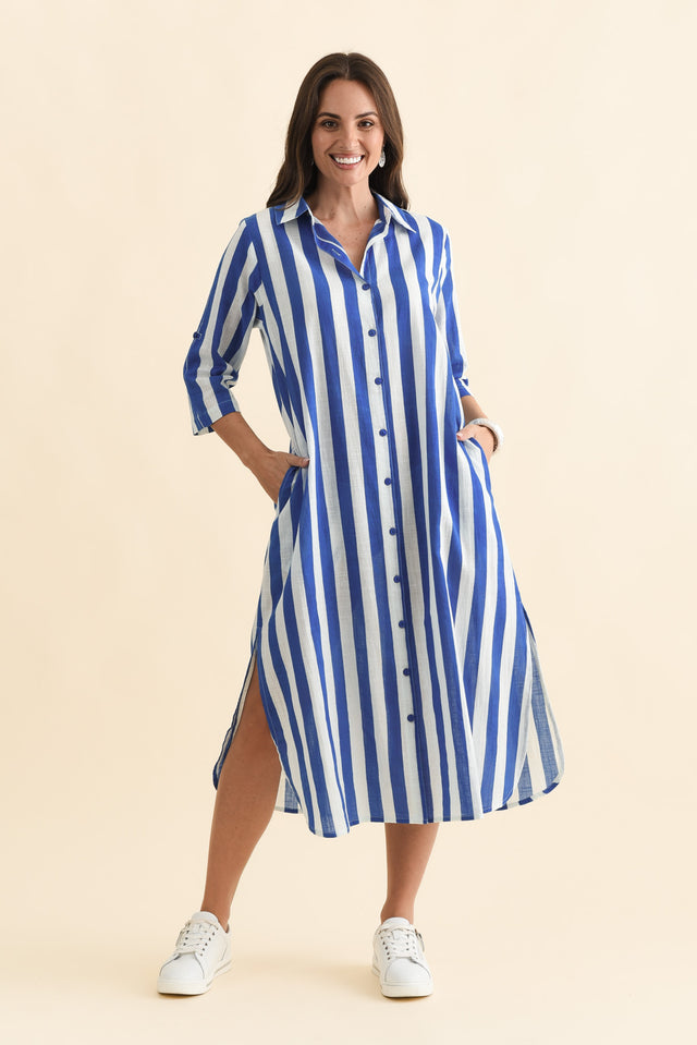 Tricia Cobalt Stripe Cotton Shirt Dress,Brunette model,alt text|model:MJ image 3