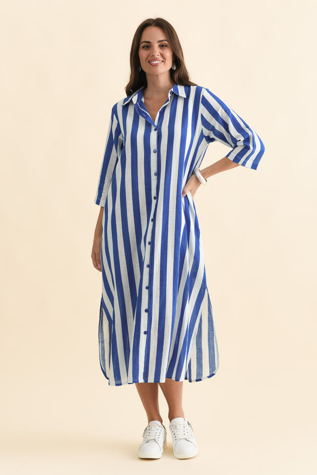 Tricia Cobalt Stripe Cotton Shirt Dress,Brunette model,alt text|model:MJ image 7