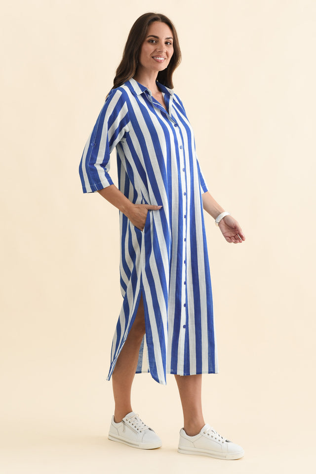 Tricia Cobalt Stripe Cotton Shirt Dress,Brunette model,alt text|model:MJ image 4