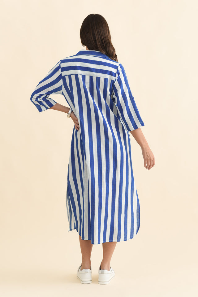 Tricia Cobalt Stripe Cotton Shirt Dress,Brunette model,alt text|model:MJ image 5
