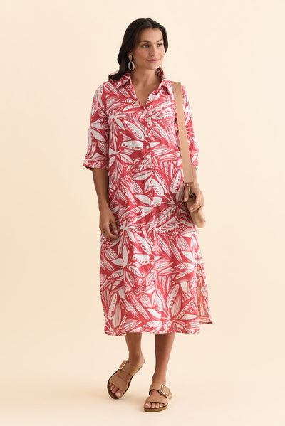 Tricia Coral Leaf Cotton Shirt Dress