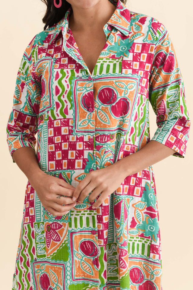 Tricia Green Tile Cotton Shirt Dress,Brunette model,alt text|model:Brontie image 6