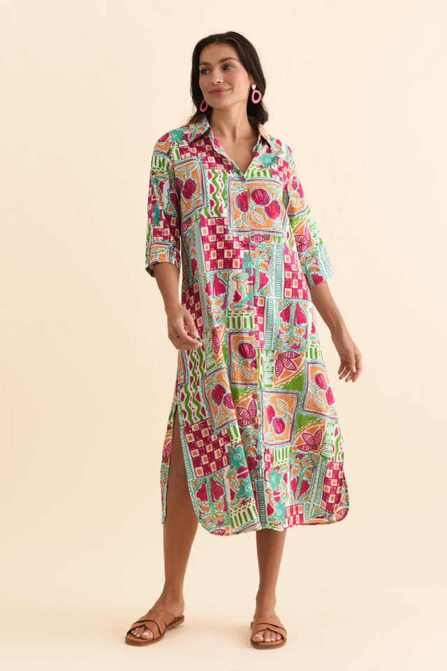 Tricia Green Tile Cotton Shirt Dress,Brunette model,alt text|model:Brontie image 3