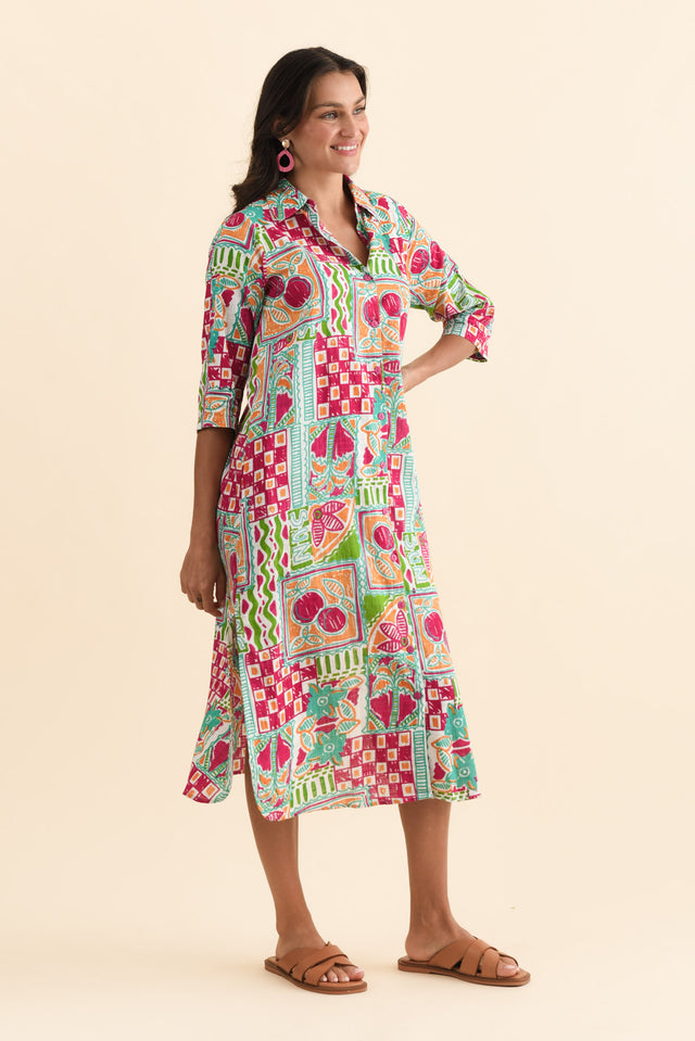 Tricia Green Tile Cotton Shirt Dress,Brunette model,alt text|model:Brontie image 4