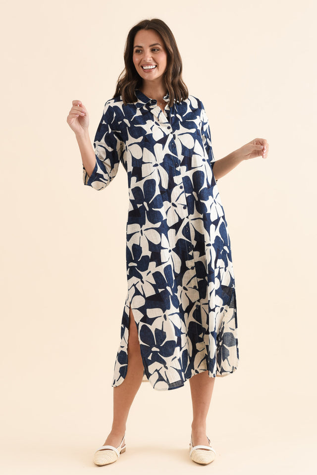 Tricia Navy Garden Cotton Shirt Dress,Full Body,Brunette model,alt text|model:MJ image 8