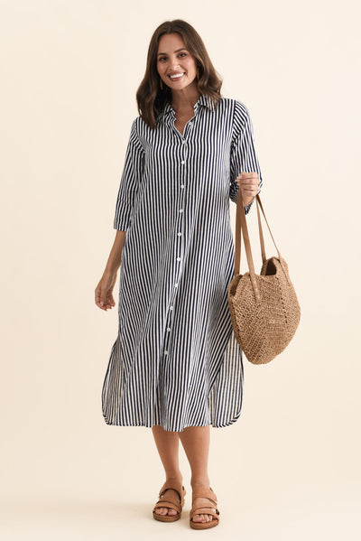Tricia Navy Stripe Cotton Shirt Dress