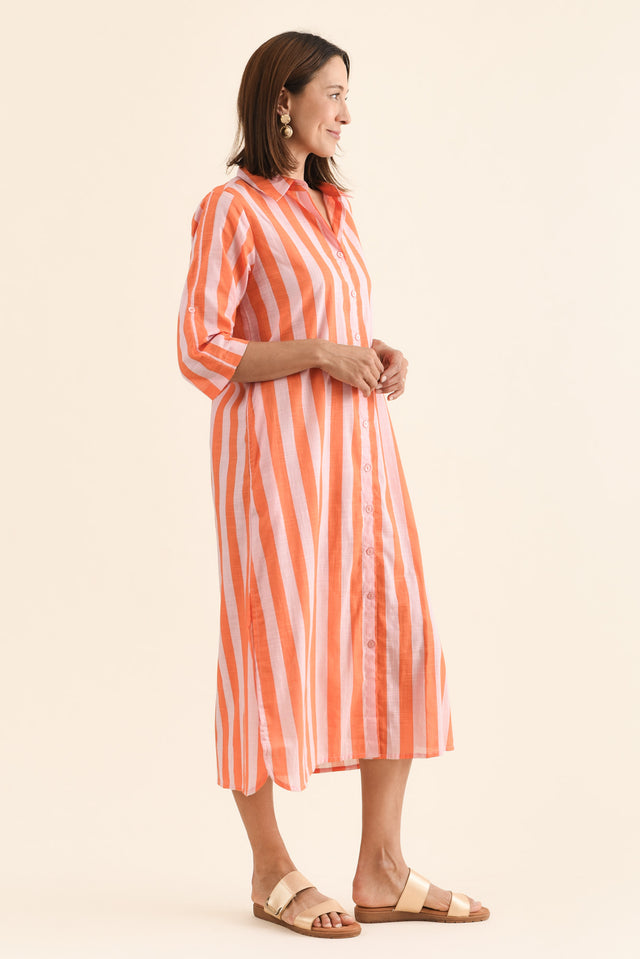 Tricia Orange Stripe Cotton Shirt Dress,Side,Brunette model,alt text|model:Cara image 3