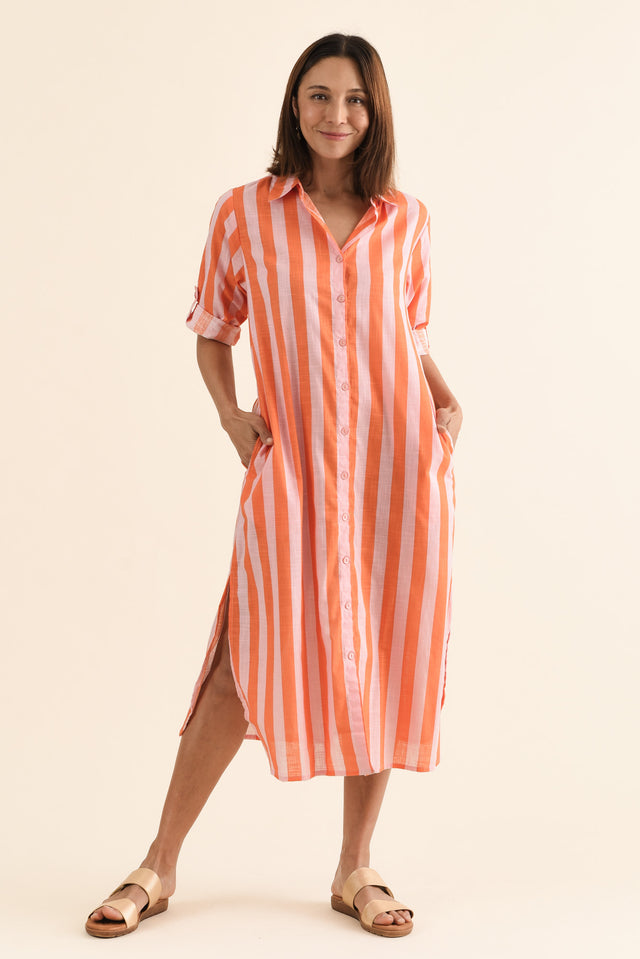 Tricia Orange Stripe Cotton Shirt Dress,Full Body,Brunette model,alt text|model:Cara image 2