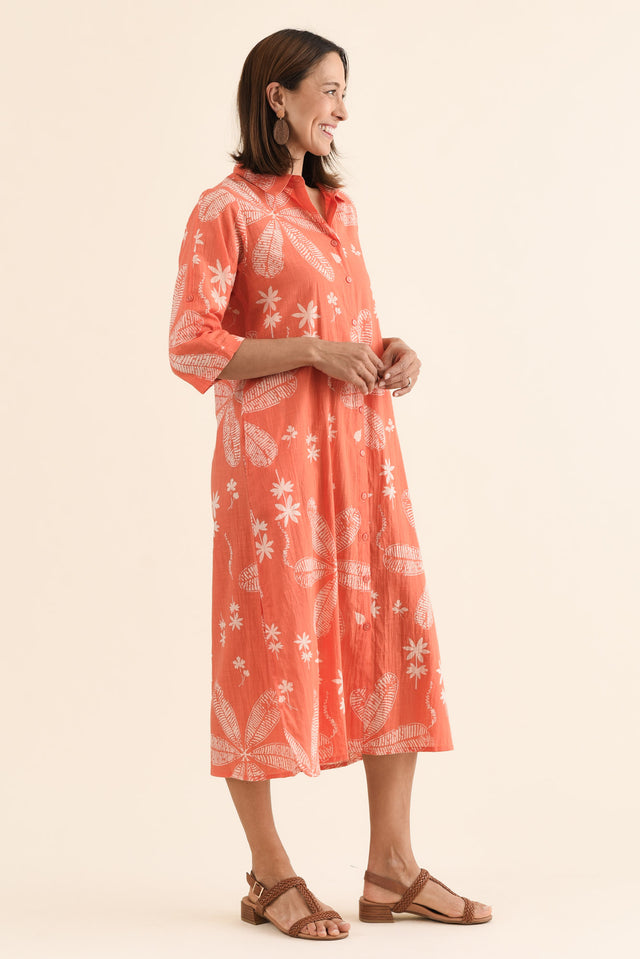 Tricia Peach Flower Cotton Shirt Dress,Side,Brunette model,alt text|model:Cara image 3