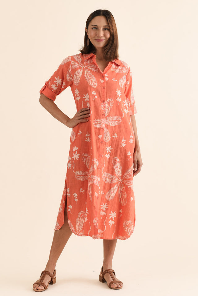 Tricia Peach Flower Cotton Shirt Dress,Full Body,Brunette model,alt text|model:Cara image 6