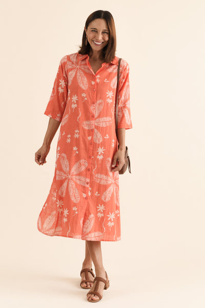 Tricia Peach Flower Cotton Shirt Dress